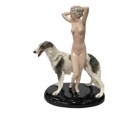 Goldscheider after Lorenzl nude figure with borzoi, printed marks and impressed numbers, 38cm.