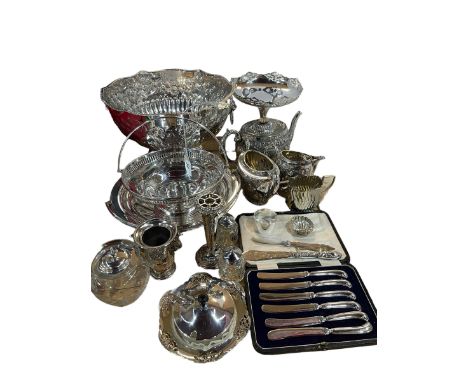 Silver handled knives, silver plated punch bowl with ladle, together with other EP wares.