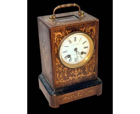 Victorian inlaid mantel clock with brass handle, 25cm.
