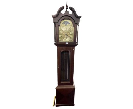 Modern triple weight longcase clock having arched moon phase dial, 203cm.