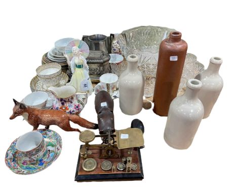 Oriental porcelain, postage scales, Beswick Fox, stoneware bottles, glass, etc.