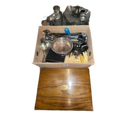 Assorted cutlery, wine coaster, pewter, stick stand, shooting stick, cricket bat, carpet beater, etc.