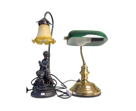 Brass desk lamp with green shade and a figural lamp with shade.
