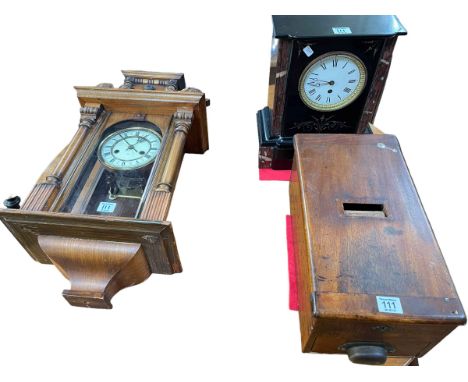 Vintage cash register box, slate mantel clock and a mahogany wall clock.