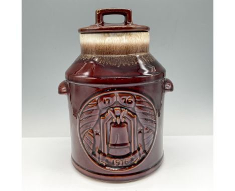 Brown glazed jar with embossed Liberty Bell and 1776 - 1976 dates and shield on reverse. McCoy USA impressed mark. 7019.Issue