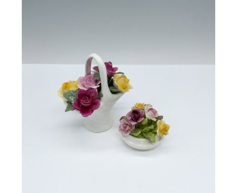 Beautiful duo of home decor that consists of a varied flower bouquet in a round pot with a Coalport backstamp, and a set of m