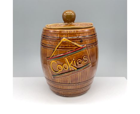 Stunning light brown glossy container themed as a whiskey barrel and used to store cookies.Issued: 1958-1968Dimensions: 10"H 