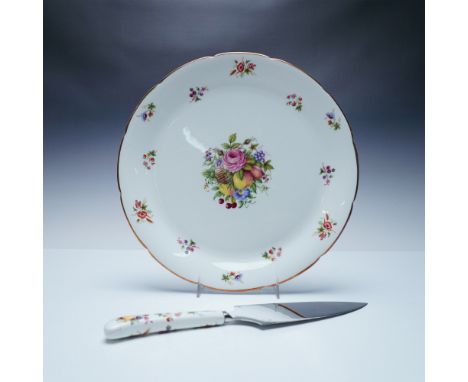 A beautiful Coalport cake plate and matching server set. The fine porcelain plate features a delicate fruit and floral design