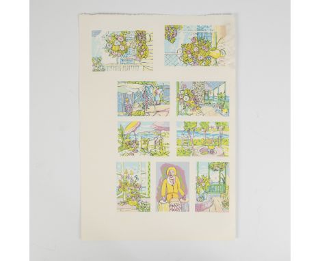 An original serigraph in colors on paper by Jamaican artist Lloyd Van Pitterson, depicting nine miniature scenes on one sheet