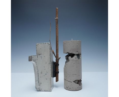 A unique pair of contemporary mixed-media sculptures blending ceramic, concrete, and natural elements. The first piece featur