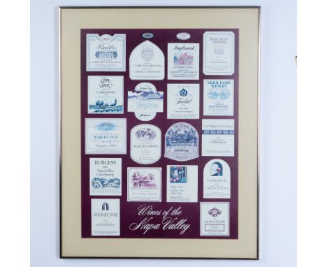 A lovely framed poster exhibiting 18 vintage Napa Valley wine labels after a photograph by J. Michael Orr. The first in a ser