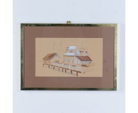 Original mixed media on brown laid paper by American artist Dennis Alton who used pastel, gouache, graphite and ink to depict