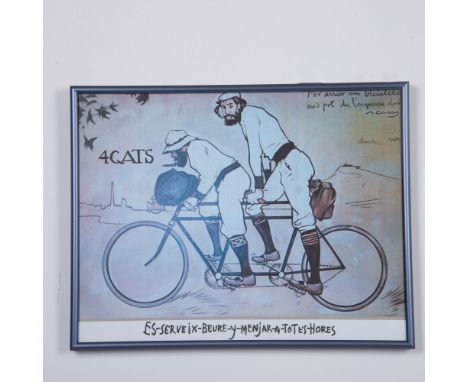 Ramon Casas and Pere Romeu on a Tandem is a color print poster on paper after Casas' 1897 original oil on canvas painted for 