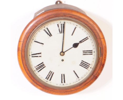 A 19th century mahogany railway wall hanging clock. Ebonised roman numeral chapter ring with white face. With fusee movement 