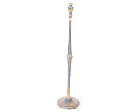 An early 20th century circa 1920s chinoiserie standing standard floor light lamp. In a blue ground with gilt decoration and A