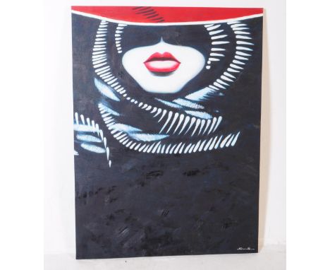 A contemporary oil on canvas painting. In a black ground with white wide paint strokes in the from of a head scarf surroundin