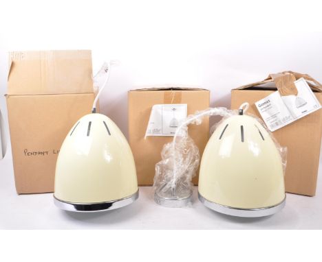 Three contemporary NOS ( new old stock ) D&auml;r lighting group Gomez cream hanging pendant lights. Each shade of conical fo