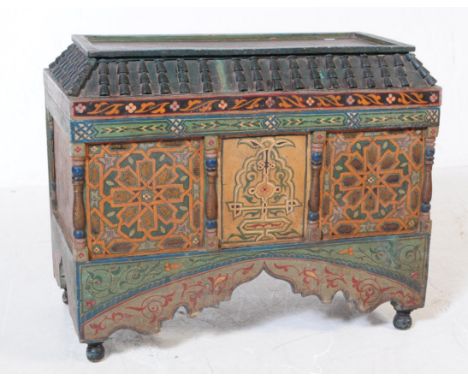 A 20th century Mudejar Moorish manner hand painted dowry chest / blanket box having of architectural form, being hand painted