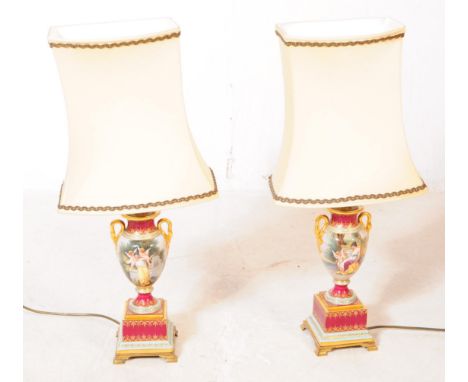 A pair of contemporary French style table light lamps. Having ceramic bases with Neoclassical scene, with gilt detail stepped