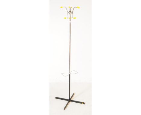 Hago - retro mid 20th century sputnik atomic floor standing coat rack. With yellow cone finials, chrome tubular support arms 