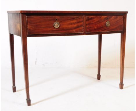 George III 19th century mahogany writing table / desk. Rectangular form with bow front two parallel stationary drawers. All r