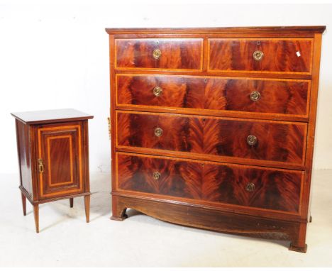 An Edwardian circa 1910s flame mahogany chest of drawers. Rectangular form with chamfered edge top, configuration of two shor