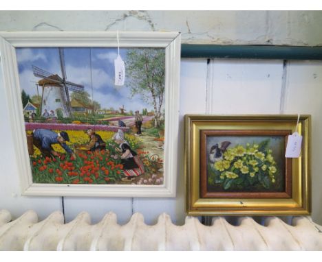 Murray Pickles Study of primroses and sparrow oil on canvas, together with a vintage Dutch tile village scene 'Picking Tulips