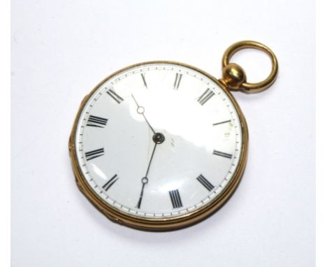 A ladies 18 carat gold open face key wind fob watch, decorated to back cover with enamel flowers (not working)