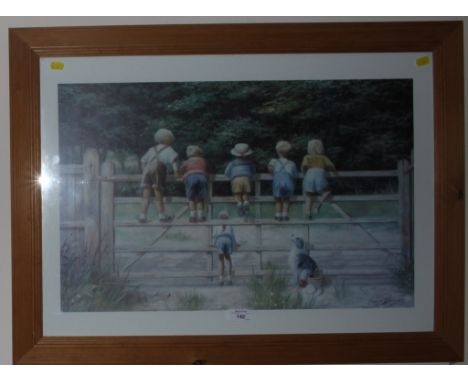 Spencer Coleman Bottoms Up Children on wooden gate Print, 40cm x 63cm