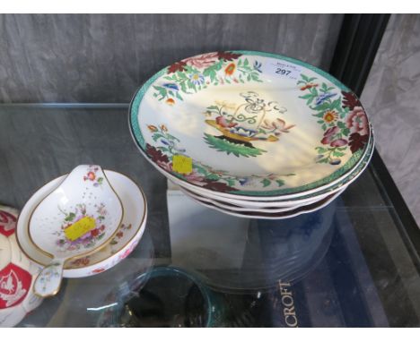 A pair of 19th century Wedgwood side plates depicting baskets of flowers, three Japanese plates and a Royal Crown Derby 'Posi