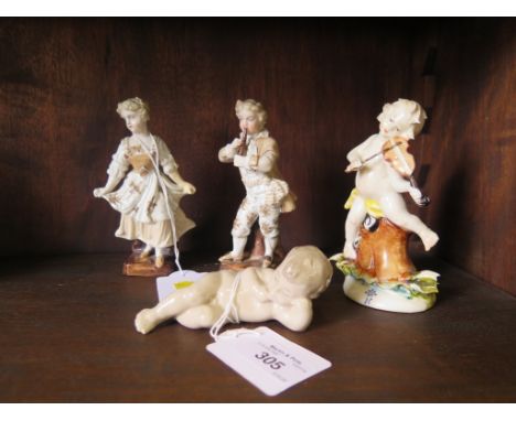 Vintage 1970s Lladro/Nao baby boy figure lying down together with a Capo di Monte cherub playing a violin and two other child