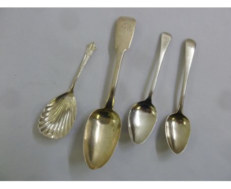 A silver caddy spoon, fiddle pattern silver dessert spoons and two Georgian silver tea spoons