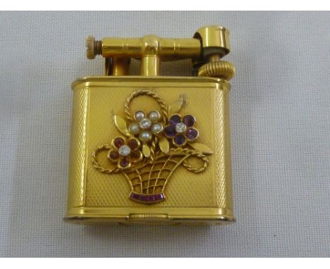 A Dunhill 9ct gold engine turned ladies cigarette lighter with applied bejewelled basket of flowers to the side