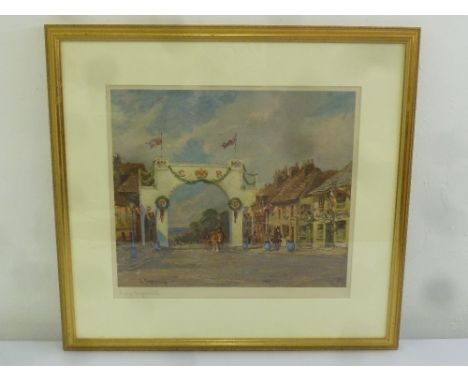 Lucy Kemp Welch framed and glazed polychromatic print of the Jubilee Arch Bushey, signed in pencil in the margin bottom left,