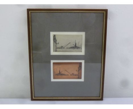 Arnold Auerbach framed and glazed copper etching of a dock scene, to include copper plate, 7 x 12cm