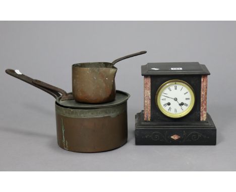 A 19th century mantel clock with black roman numerals to the white enamel dialm, with striking movement &amp; in black slate 