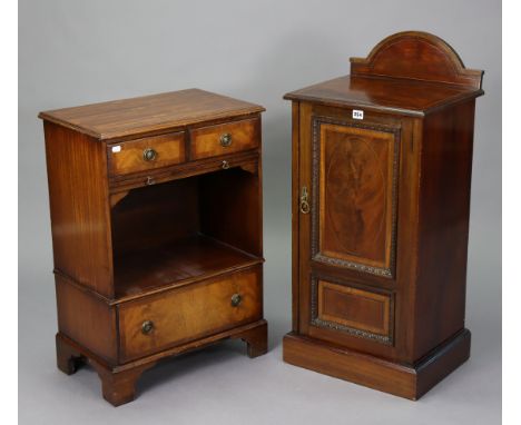 An early 20th century inlaid-mahogany bedside cupboard enclosed by panel door, and on plinth base, 16¾” wide x 31¼” high; and