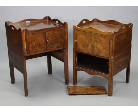 A late 18th century mahogany tray-top bedside commode enclosed by two panel doors &amp; on short square chamfered legs, 20½” 