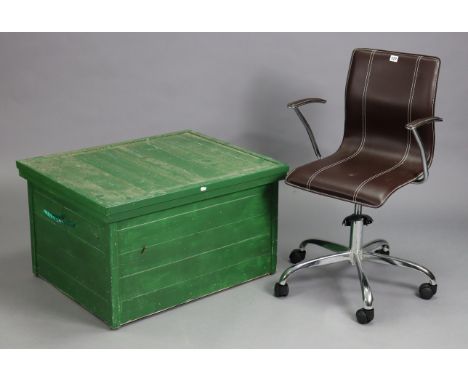 A modern swivel desk chair, together with a green painted wooden storage trunk, 33” wide; a pair of footstools; and a teak fr
