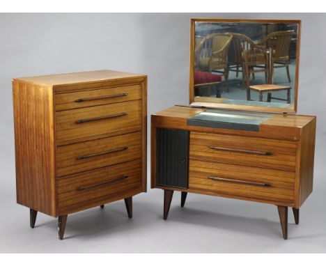 A 1960s Lebus ‘Link’ teak bedroom pair comprising a four-drawer upright chest, 30” wide x 38¾” high; and a dressing table, 39