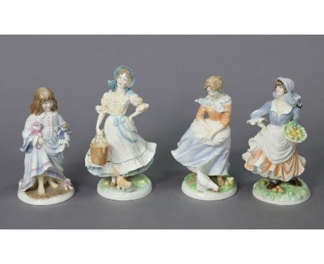 Three Royal Worcester fine bone china Old Country Ways Collection figures “A Farmer’s Wife”, “Rosie Picking Apples”, and “The