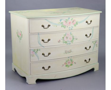 A modern large cream painted &amp; floral decorated bow-front chest fitted four long drawers with brass swan-neck handles, &a