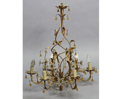 A bronzed-metal ceiling light fitting of foliate design &amp; hung with prism drops, 23” wide x 28” high.
