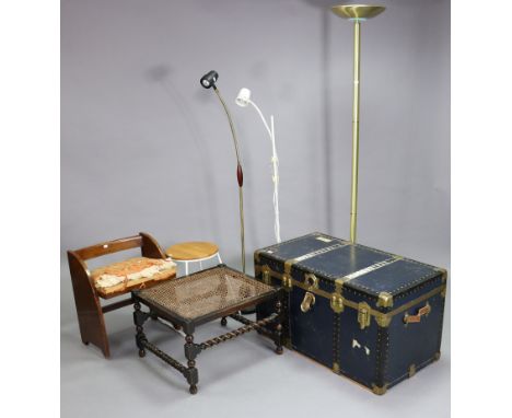 A brass-studded &amp; blue fibre-covered travelling trunk with a hinged lift-lid, 36” wide x 20” high; together with stools; 