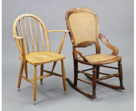A beech-frame rocking occasional chair, inset woven-cane panel to the seat &amp; back, &amp; with turned supports; &amp; a sp