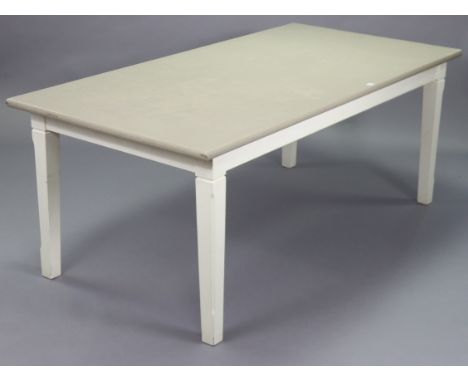 A light grey &amp; white painted pine farmhouse table on four square tapered legs, 74¾” wide x 29½” high x 37” deep (of recen