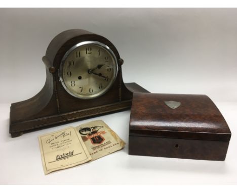 A burr walnut box and an oak cased 8 day mantle clock (2).