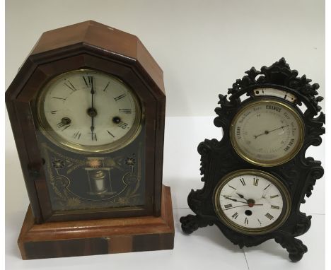 Two mantle clocks, one mounted in metal with barometer