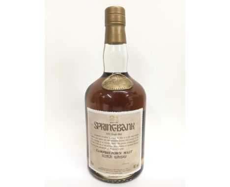 A bottle of Springbank 21 year Campbeltown single malt Scotch whisky. This 45% whisky is in a 70cl bottle and is 100% malt, t