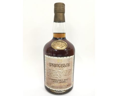 A bottle of Springbank 21 year Campbeltown single malt Scotch whisky. This 45% whisky is in a 70cl bottle and is 100% malt, t